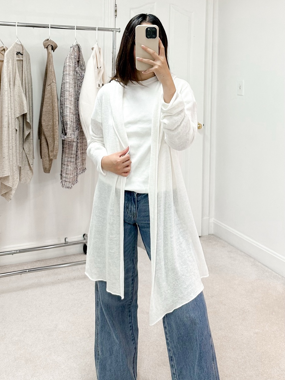 Eileen Fisher 100% Linen Hooded Open Front Cardigan Sweater in White
